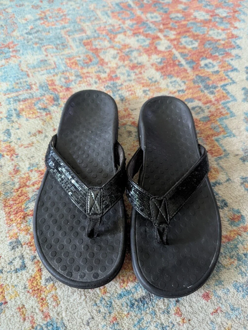 Vionic Tide SQ Black Sequin Orthaheel Orthotic Flip Flop Sandals Women's 8